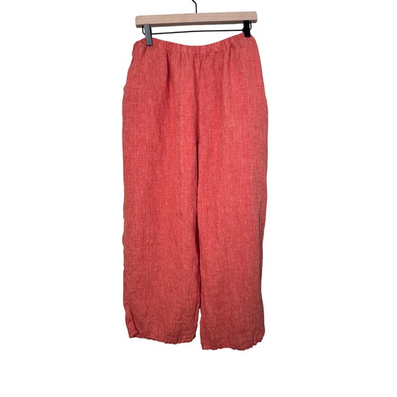 Flax Pants - FLAX 100% Linen Wide Leg Pants Coral Orange Elastic Waist Pockets Size L